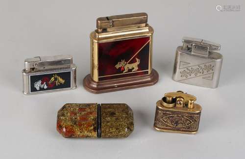 Five old lighters, petrol, various + one tinder box of