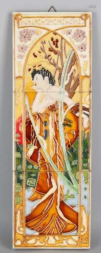 Three-piece Majolica Jugendstil tableau to mucha. 20th