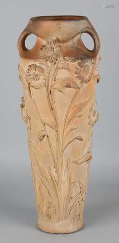 Large antique terracotta art nouveau vase. Signed