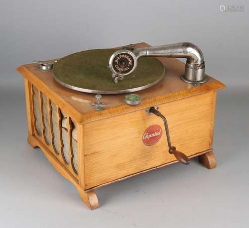 Antique walnut gramophone. Circa 1930. Signed Chantal.