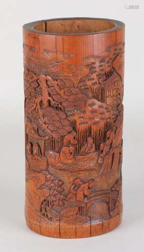 Antique Chinese bamboo brush pot with figures in