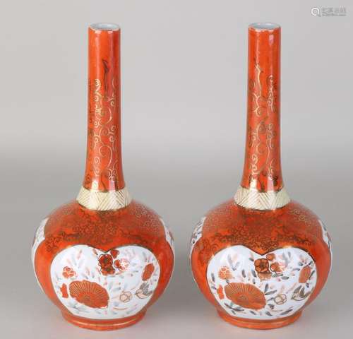 Two antique Japanese porcelain Kutani pipe vases with