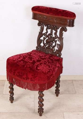 19th Century mahogany prayer chair with cigars, carving