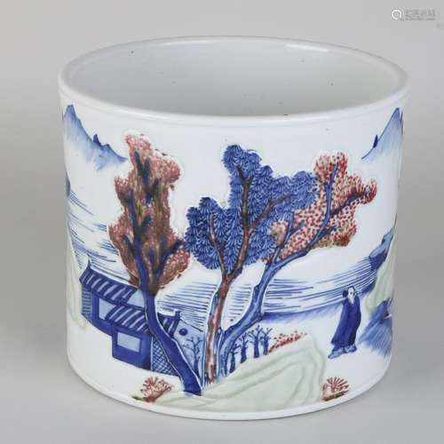 Large old Chinese porcelain brushpot with coastal and