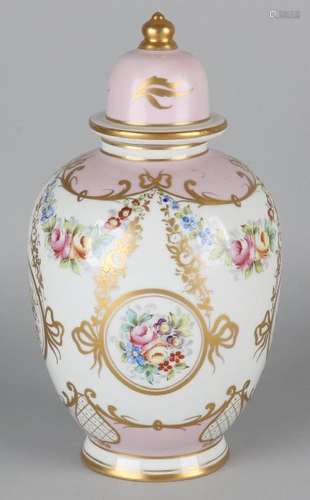 Antique hand-painted porcelain covered vase with floral