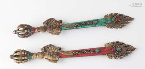 Two decorative Oriental bronze ceremony daggers with