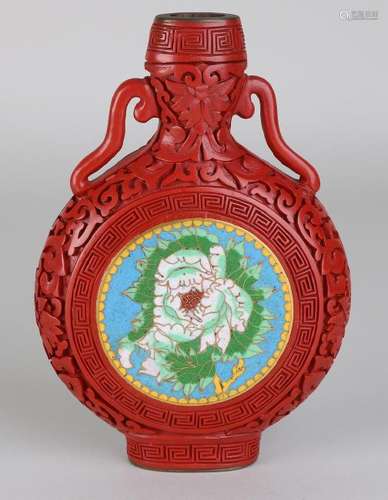 Old Chinese lacquerware Pilgrim bottle with cloisonne,