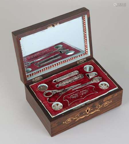 Antique rosewood wooden sewing kit with intarsia and