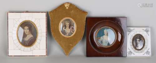 Four old miniature portraits. Partly painted. 20th