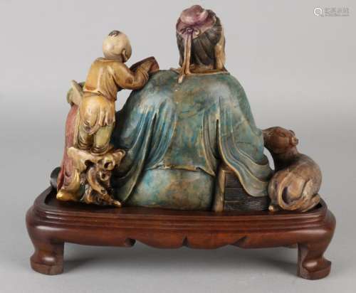 Ancient Chinese polychrome soapstone figures group on