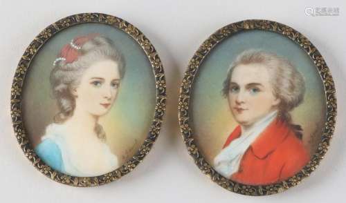 Two miniatures, partly painted. With brass frame. 20th