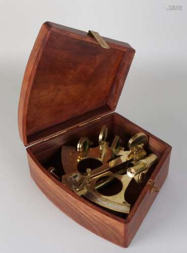 Old brass sextant in wooden box. 21st century. Size: 13