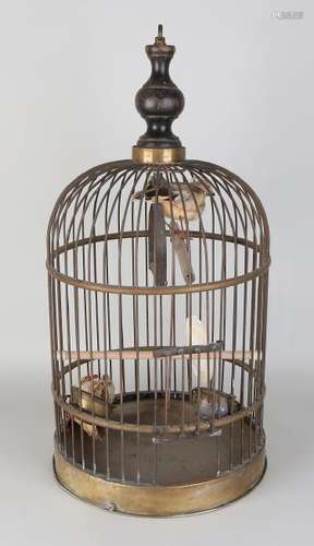 Old bird cage of wood with brass. With faux birds made