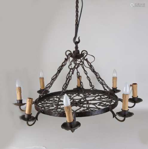 Old eight-light wrought iron hanging lamp. First half