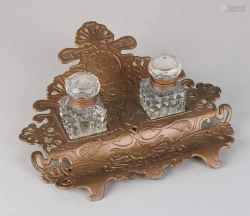 Bronze colored Art Nouveau ink set with two ink jars.