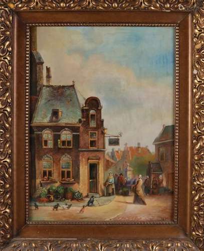 CA Spruijt. Dutch cityscape with figures. Oil paint on