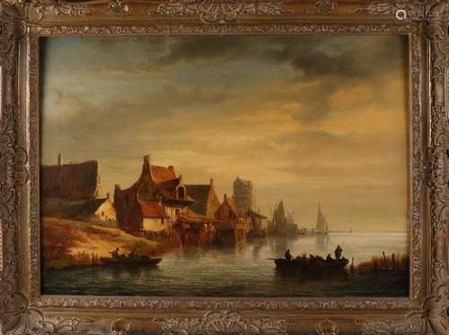 Unsigned. 19th century. Dutch harbor view with ships,