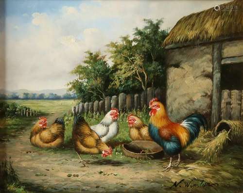 N. Winston. 21st century. Hoenderhof with chickens. Oil