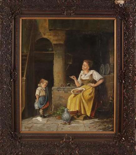 Unclear signed. Circa 1900. Interior with mother and