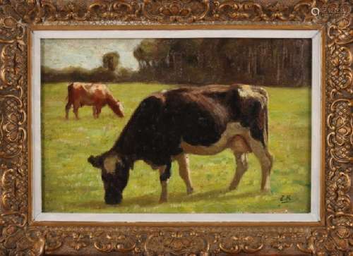 Evert Rabbers. 1875 - 1967. Enschede. Grazing two cows