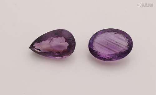 Two amethysts, an oval faceted and a pear-shaped