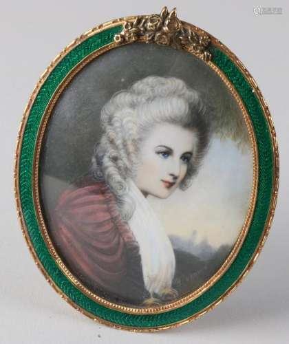 Old miniature portrait in enameled brass frame. To