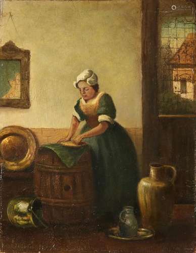 Unclear. 19th century. Woman in interior with tub and