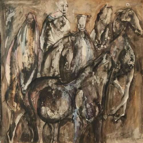 Unsigned. 20th century. Figures in horses. Watercolor