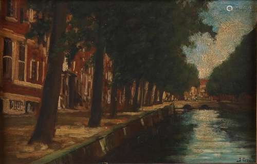 Unclear signed. Circa 1900. Amsterdam canal. Oil paint