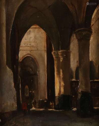 Monogram B. 19th Century. Church interior. Oil paint on