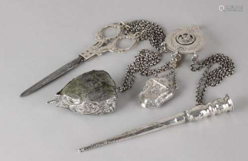 Silver chatelaine with skirt hook, engraved with laid
