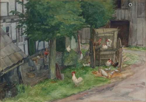 C. Koppenol. German farm with figures and chickens.