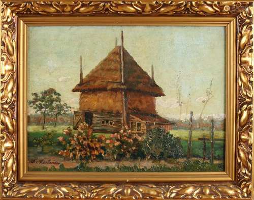 JC Roelandse. Circa 1920. Landscape with hay barn. Oil