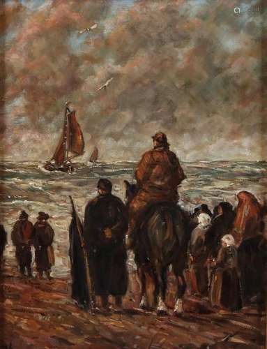 Monogram H. 20th Century. Figures on the beach. Oil