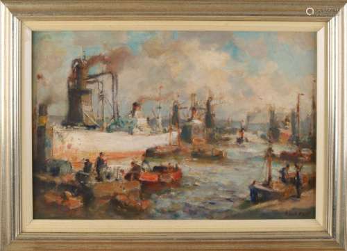 Evert Moll. 1878-1955. Rotterdam harbor view. On linen.