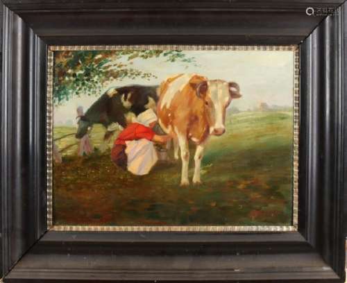 J. Gusen? 1922. Peasant woman milking cows. Oil paint