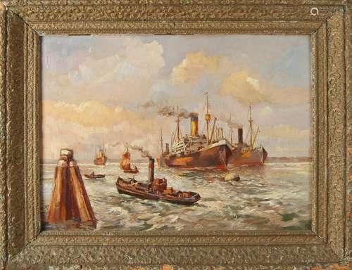 Unsigned. Circa 1950. Harbor view with steamships. Oil