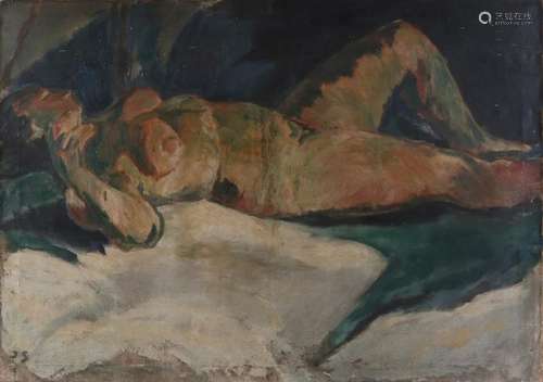 Monogram JS Circa 1940. Lying female nude. Oil paint on