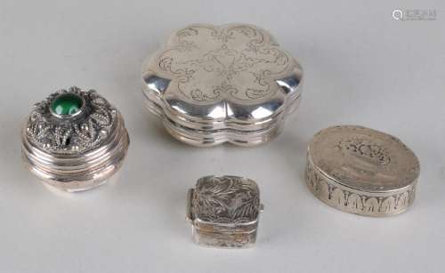 Four silver boxes, a small square box with hinged lid