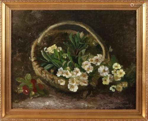 R. Francke. Circa 1930. Basket with flowers. Oil paint