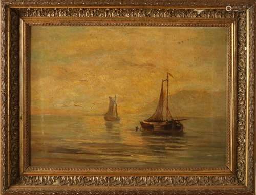 Unsigned. Circa 1900. Fishing boats on the coast. Oil