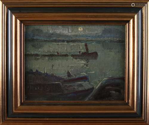 Unclear signed. Circa 1930. Boats by moonlight. Oil