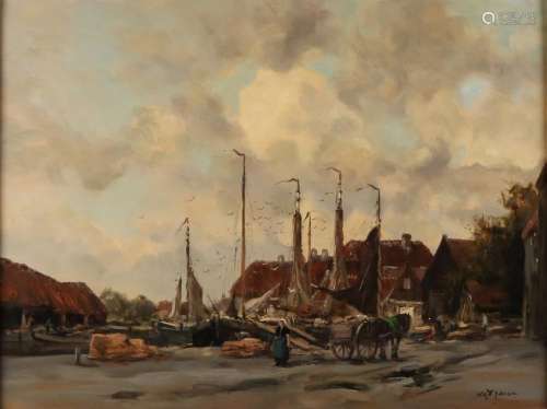 WGF Jansen. 1871-1949. Dutch harbor view with figures