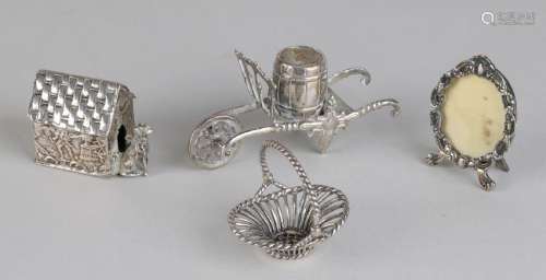Four silver miniatures, with a basket with hanging, an