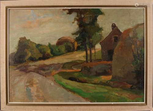 Schouten? Circa 1930. Landscape with farm. Oil paint on