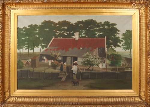 Unsigned. Circa 1880. Zeeland farm with farmer's wife,