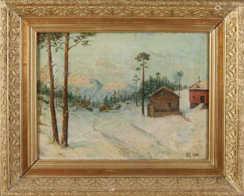 Monogram CW 1905. Wintry mountain landscape with wooden