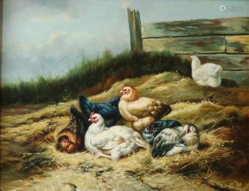 Hoppe. 21st century. Hoenderhof with chickens. Oil