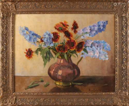 P. van Dalsum. Circa 1930. Copper can with flowers. Oil