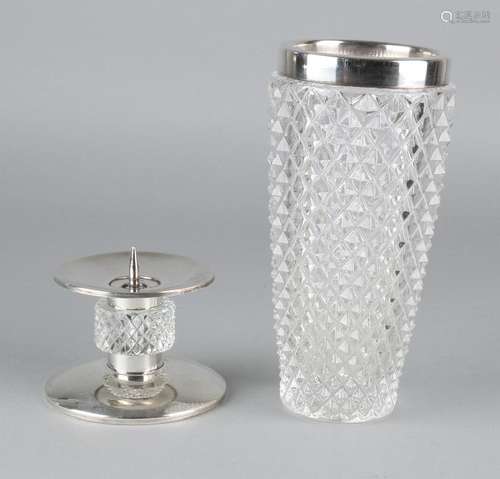 A candlestick and vase with silver and crystal,